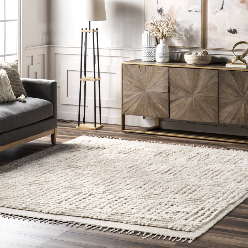 Beige Crosshatch Tufted Shag Wool 4' x 6' Rug