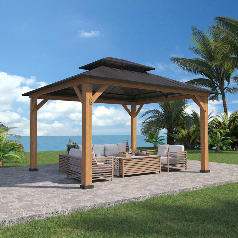 Permanent Wood Gazebo 13 Ft. W X 11 Ft. D Solid Wood Patio Gazebo -Patio Galvanized Steel Hardtop Gazebo