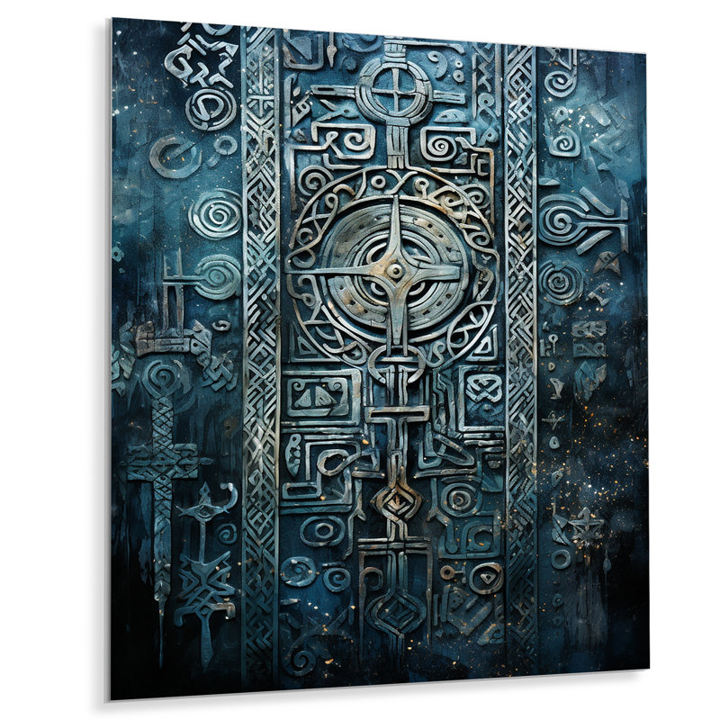 «Blue and Gold Maya Tile Impressions I», art mural en métal abstrait, H 40 po x l 30 po x P 1,5 po