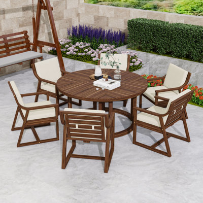 Ensemble de salle à manger 7 pièces en bois d'acacia pour 7 personnes, table ronde avec trou pour parasol et 6 chaises rembourrées