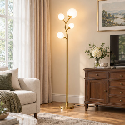 Lampe sur pied à branches 68 "avec ampoules, lampe sur pied dorée avec abat-jour en verre givré 68" pour le salon et la chambre à coucher
