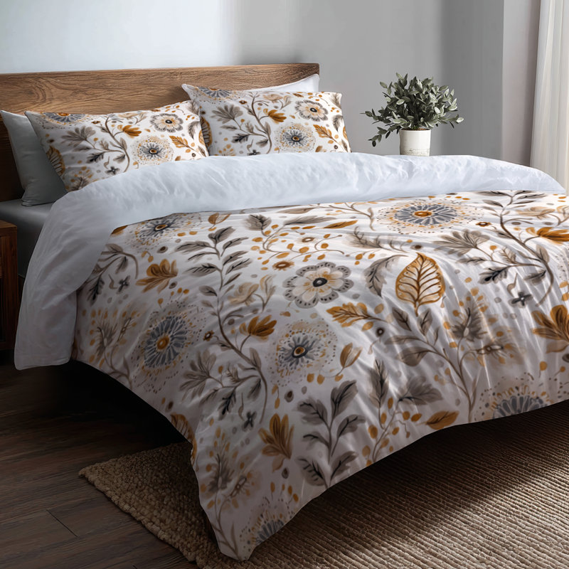 Ensemble de housse de couette 3 pièces Country Farmhouse - Ensemble de housse de couette et coussin décoratif à motif floral brun neutre