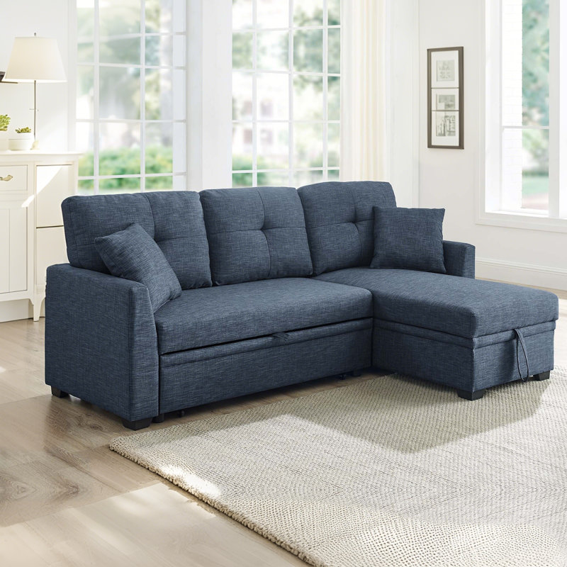 Linen Blend Upholstered Sectional with Pull-Out Bed and Chaise Storage, Blue