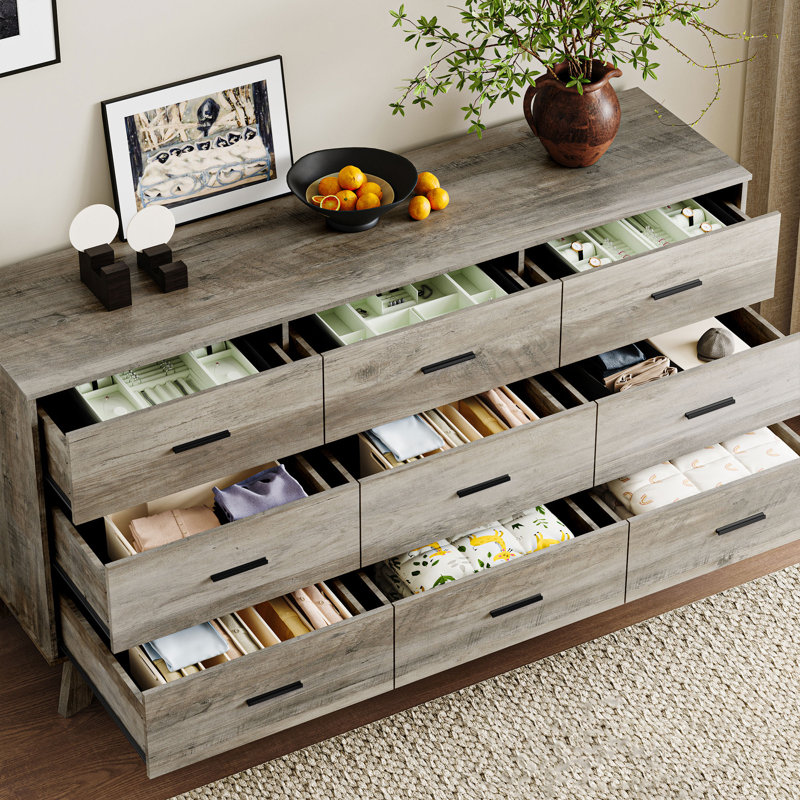 9 Drawer Wide Modern Chest Of Drawers With X-Shaped Sturdy Base, Grey