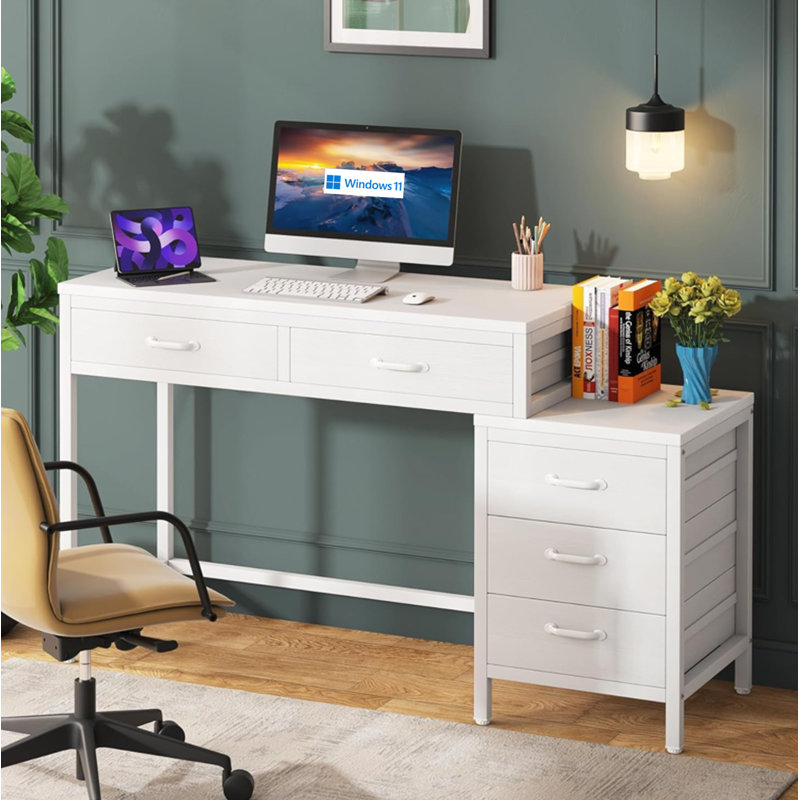 51-Inch Reversible Computer Desk With 5 Drawers And File Cabinet, Rustic Home Office Desk For Small Spaces, Industrial Writing Table With Storage