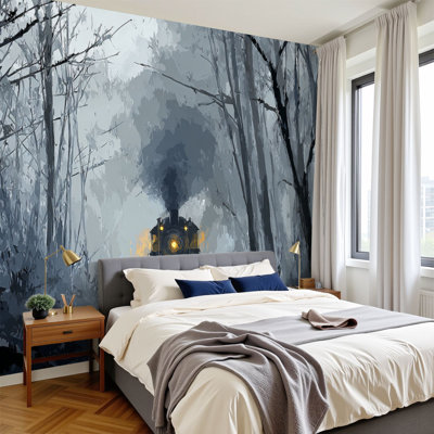 Peel and Stick Wallpaper Self-Adhesive Wall Mural Industrial Winter Landscape Locomotive Wall Murals 100"H x 144"W Wall Decor for Bedroom Home Office