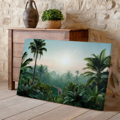 Toile «A Serene Jungle Scene At Dawn», art mural luxuriant avec feuillage tropical luxuriant avec grands palmiers et plantes vertes vibrantes