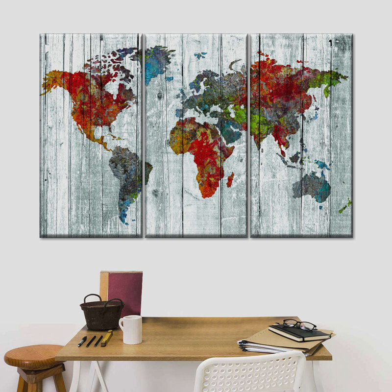 Artisanal carte du monde, reproduction d'art sur toile, H 38 po x l 24 po x P 1,25 po