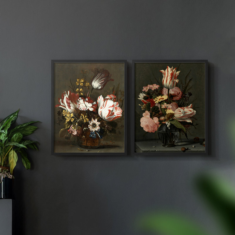 Impression florale rétro - ensemble de 2, Noir, noir, noir, noir, H 23 po x l 58 po