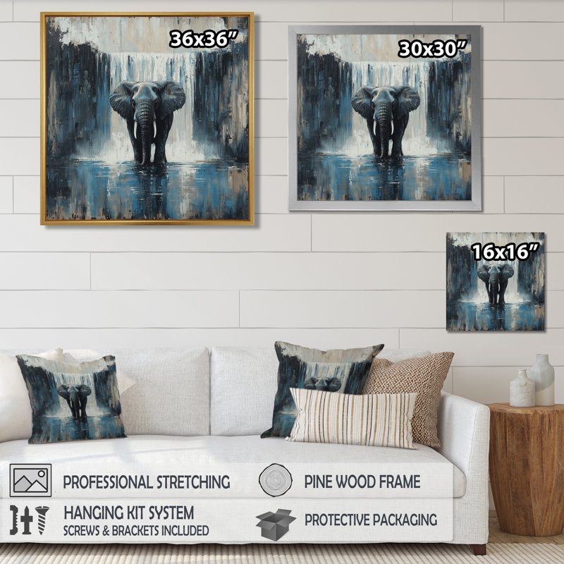 Halloway, éléphant monochrome et la chute d'eau I - éléphant, art mural, Impression encadrée flottante sans passe-partout