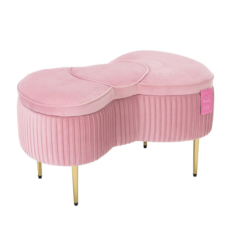 Hello Kitty Bow Velvet Storage Bench for Bedroom and Living Room, Upholstered Ottoman Organizer, Pink, Gold