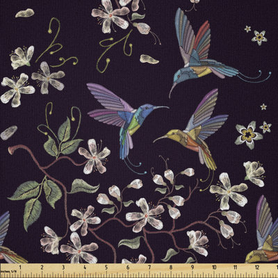 Tailed Hummingbirds Flying Around Cherry Blossom Trees Fabric