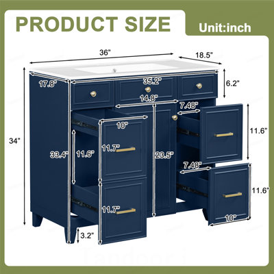 Meuble-lavabo 36 po avec lavabo en céramique, cadre en bois massif blanc, portes à fermeture douce, tablettes réglables, 3 tiroirs, y compris un tiroir à double profondeur pour le rangement du sèche-cheveux