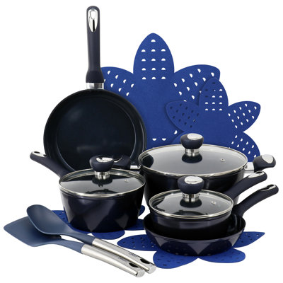 Batterie de cuisine antiadhésive en céramique bleu foncé 14 pièces Oster Hawke