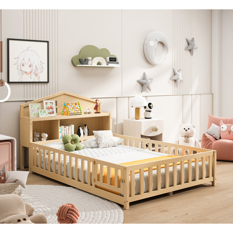 Full-size Floor Beds with Bookcases and Blackboards with Guard rails, Storage Headboards, Grey, Natural