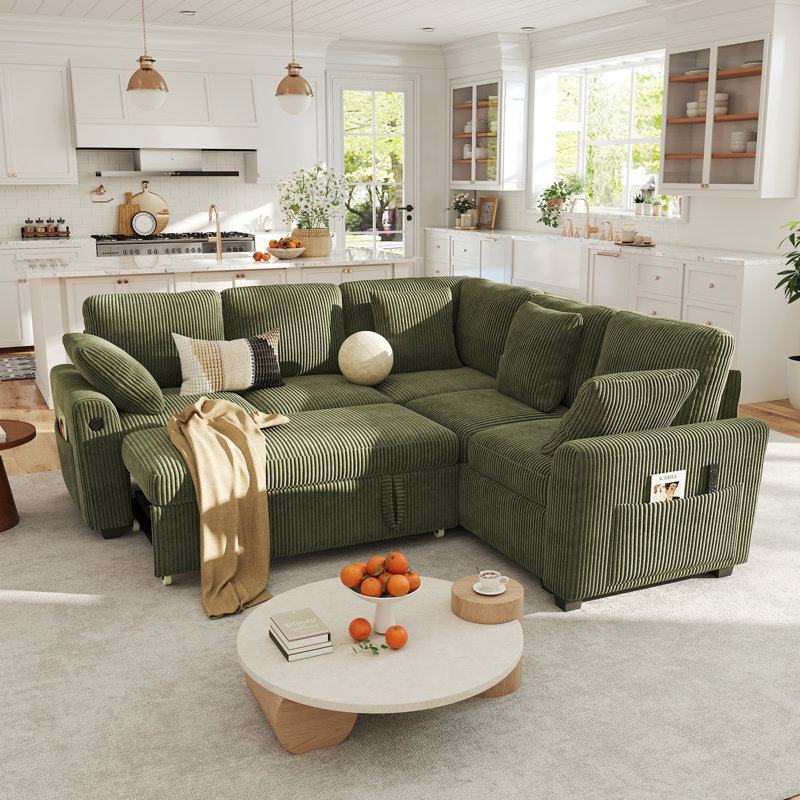 George 83" Upholstered Corduroy L Shape Modular Sectional Sleeper Sofa with Pull Out Bed and USB Charging, Green