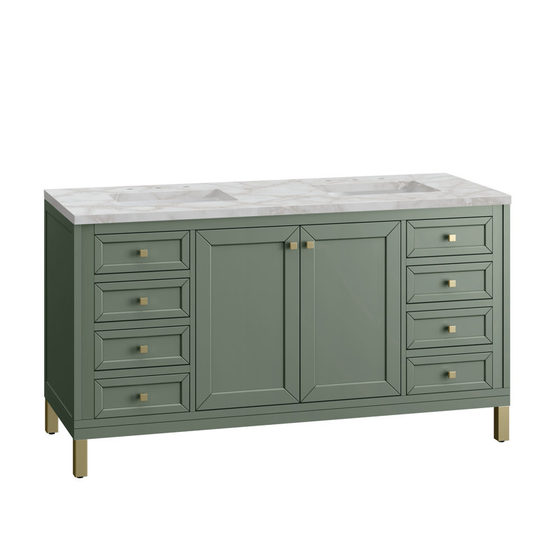 Ensemble de meuble-lavabo double 60 po Chicago, Céladon fumé, 8 po, Argent victorien