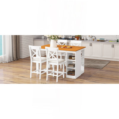60"Lx30"W Solid Wood Farmhouse Counter Height Dining Table Set With 3-Tier Storage Shelves, Upholstered Dining Chairs For 4, 5-Piece