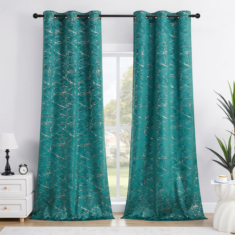 Deavion Velvet Curtains Metal Grommets Room Darkening with Gold Foil Print 2 Panel Set, Teal, 40" W x 108" L