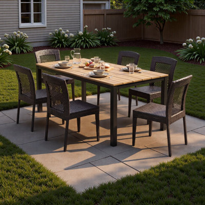 Ensemble de salle à manger 7 pièces pour l'extérieur, table en bois d'acacia et 6 chaises en rotin de polyéthylène, meubles de patio