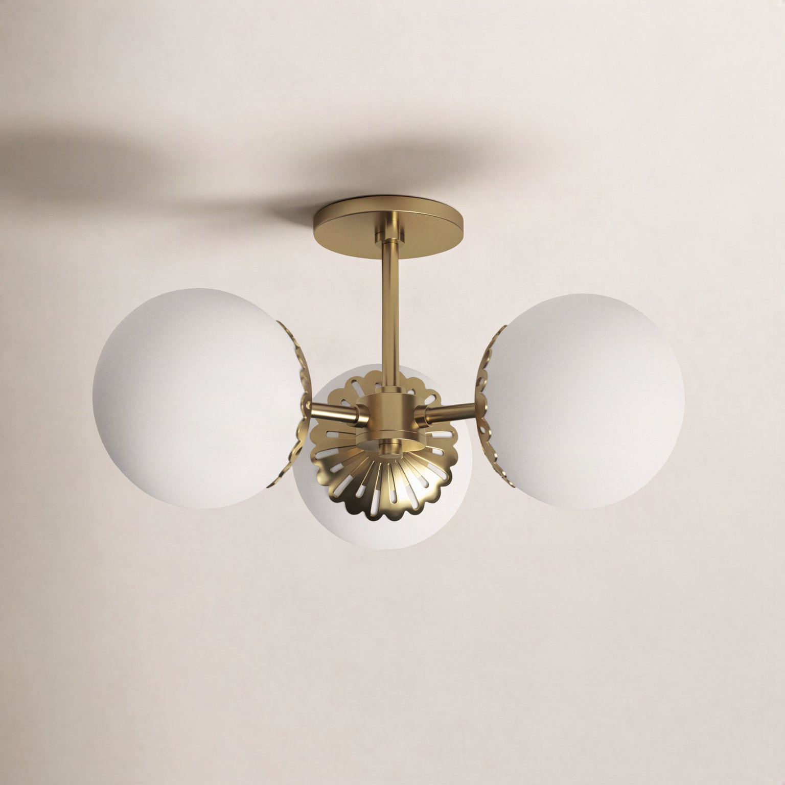 Deniaud 3 Light Glass Semi Flush Mount, Aged Brass