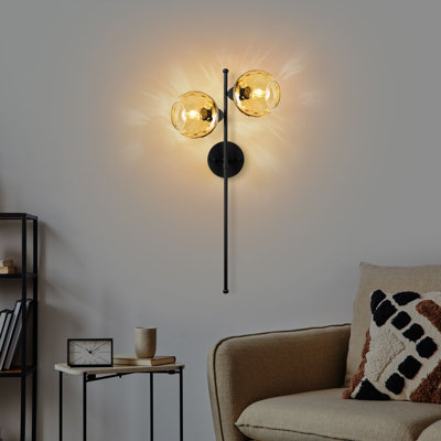 Lampe murale moderne, corps en métal jaune et noir avec capuchon en verre, 27,6 po x 9,8 po x 28,3 po | 2 x culot E27 de 40 W maximum, classé IP20 | Solution d'éclairage élégante pour la décoration intérieure, le salon et la chambre à coucher