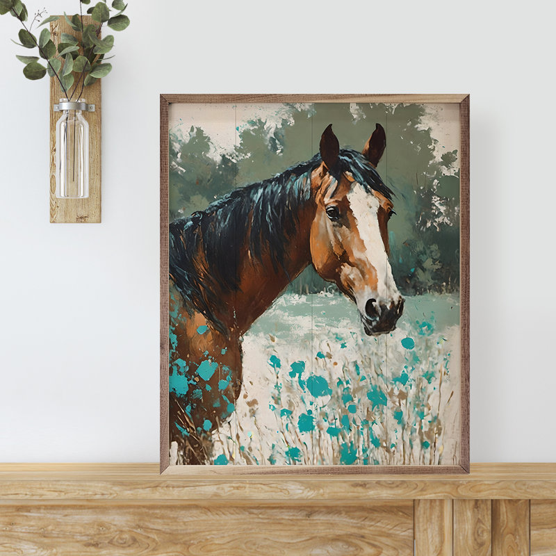 Cheval avec des fleurs turquoise, H 10 po x l 8 po