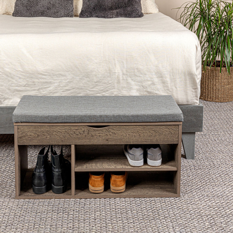 Ashwood Gray Linen Storage Bench with Lift-Top Lid and Cubbies