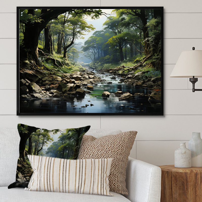 «Gentle River Through Country Charm Forest», art mural forêt fluviale, Cadre flottant noir, H 24 po x l 32 po x P 1 po