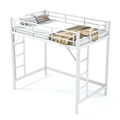 Twin Size Metal Loft Bed, Loft Bed with Easy Climbing Ladder and Guardrails , White