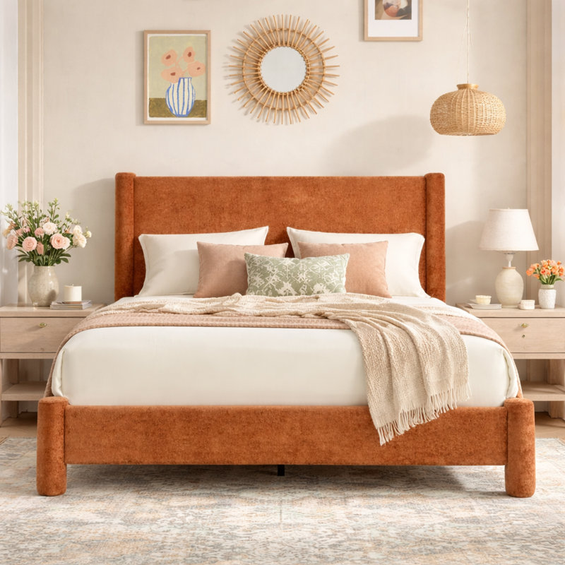 Lit rembourré avec velours moelleux, coins arrondis doux et sans sommier tapissier Wauson, Double, Orange
