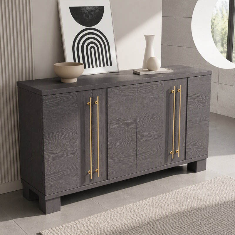 Buffet en bois avec rangement, étagères ajustables, poignées dorées, couleur taupe pour cuisine et salle à manger
