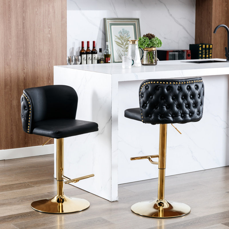 Modern Adjustable Seat Height - Pu Upholstered With Back For Home Pub, Kitchen Island ( Of 2 Black Seats Swivel Leather Upholstered, Pub & (black,