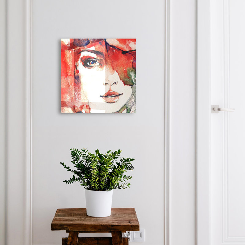 Wall mounted key box, Opens to the right, 30x30x5, Black, Portrait of a woman in warm colors with abstraction, 