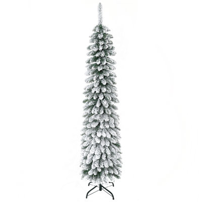 6' Tall Unlit Snow Flocked Artificial Christmas Tree, Slim Pencil Xmas Tree With Realistic Branches And 395 Tips, Green