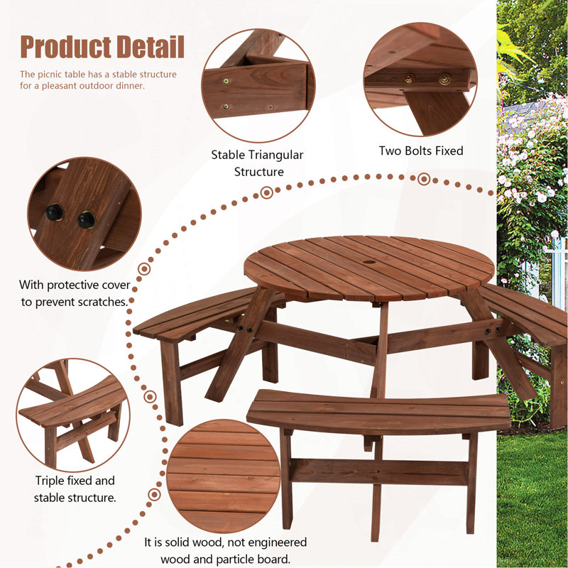 6-Person Circular Outdoor Wooden Picnic Table For Patio, Backyard, Garden, Diy W/ 3 Built-In Benches, 1720Lb Capacity - Brown