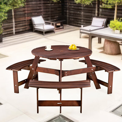 Table de pique-nique ronde 6 personnes avec bancs - Trou de parasol, imperméable, brun, pour jardin, patio, porche 3 trous intégrés Garden Party brun