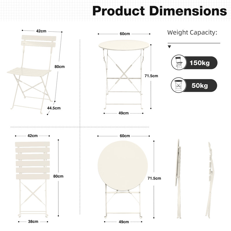 Iron Table And Folding Chair Set, 2 - Person Round Outdoor Dining Set, Apricot