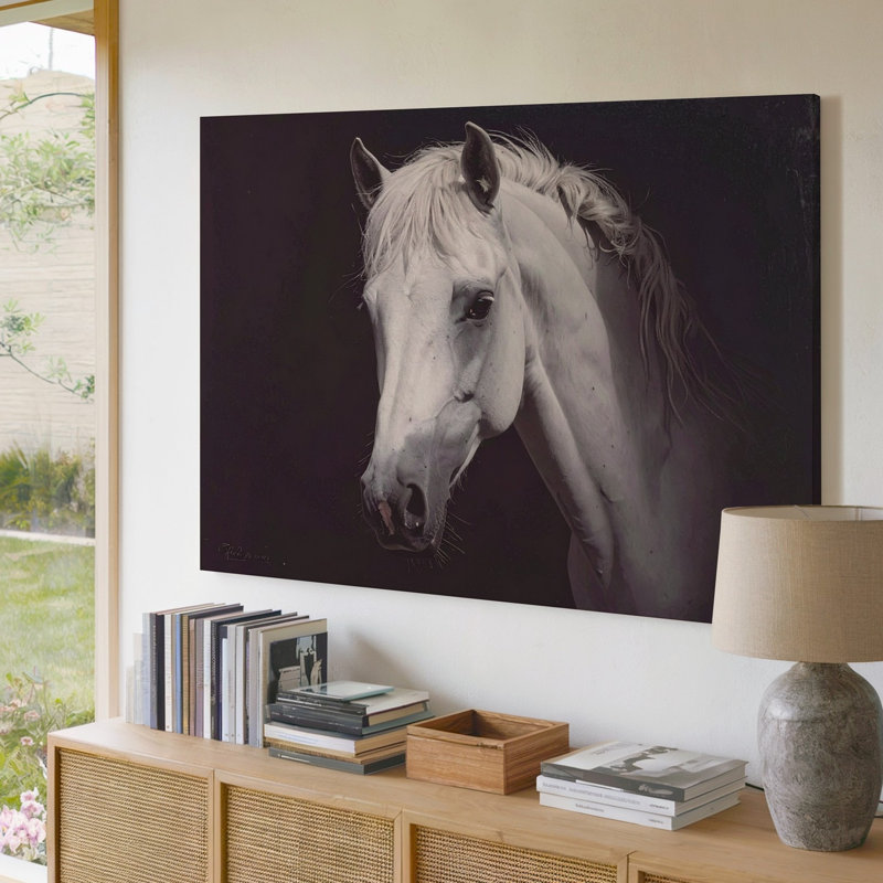 Art mural sur toile, cheval blanc illuminé, portrait équestre minimaliste, prêt à accrocher, H 9 po x l 12 po