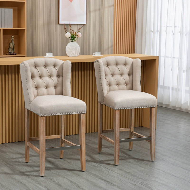 Gray Linen Counter Height Bar Stools with Wood Legs, Set of 2