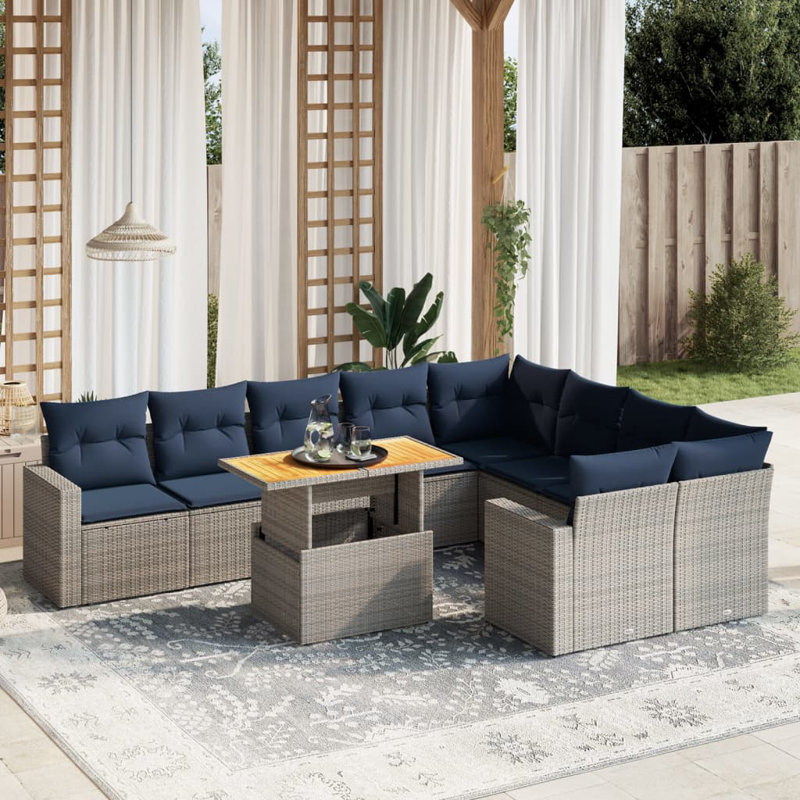  10 Piece Patio Sofa Set With Cushions Poly Rattan, Gray, Blue