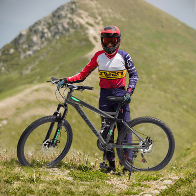 Mountain Bike 26 Inch Wheels, 21-Speed Full Suspension Mens Womens Trail Commuter City Mountain Bike, Carbon Steel Frame Disc Brakes Thumb Shifter Front Fork Rear Shock Absorber Bicycles