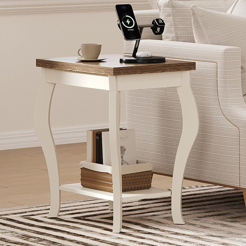 Table d'appoint de salon avec pieds courbés et tablette de rangement, petite table de bout pour petits espaces, finition blanc doux