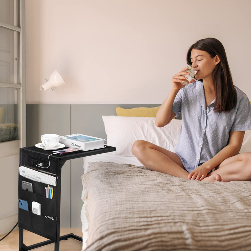 End Table Set Built-In Outlets, Black, Black