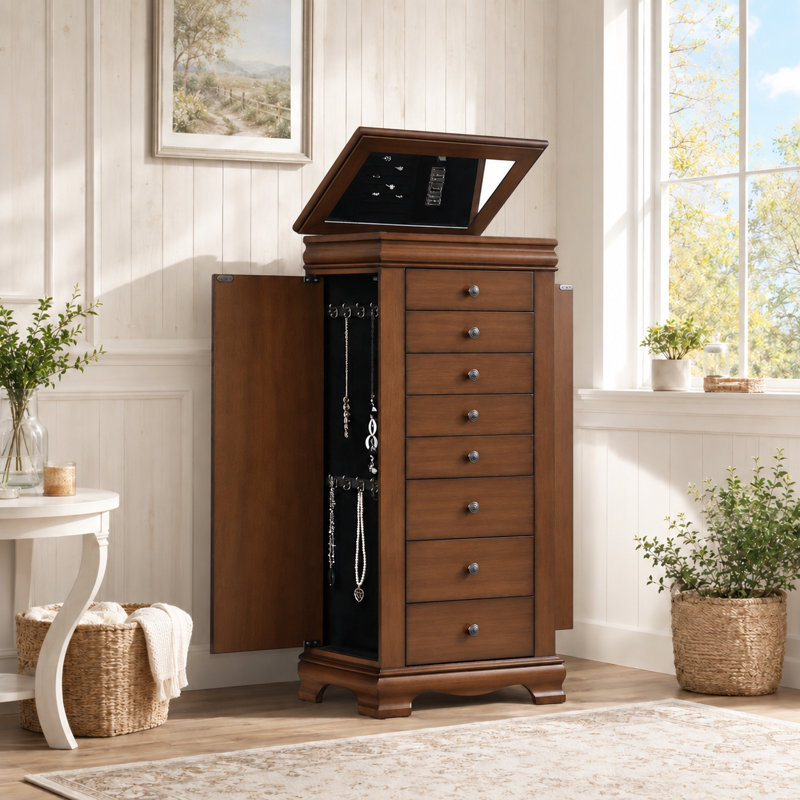 Armoire à bijoux autoportante avec miroir, 8 tiroirs, crochets latéraux pour colliers et rangement doublé de velours, brun noyer
