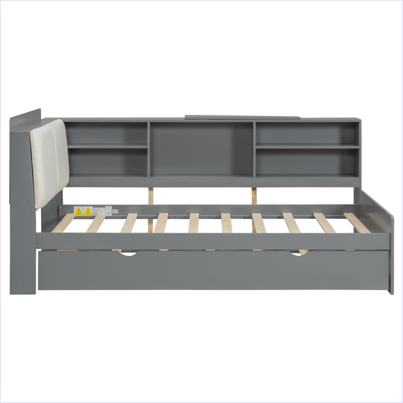 Lit plateforme en bois avec lit gigogne, tablettes et tête de lit avec rangement, Gris, Lit simple