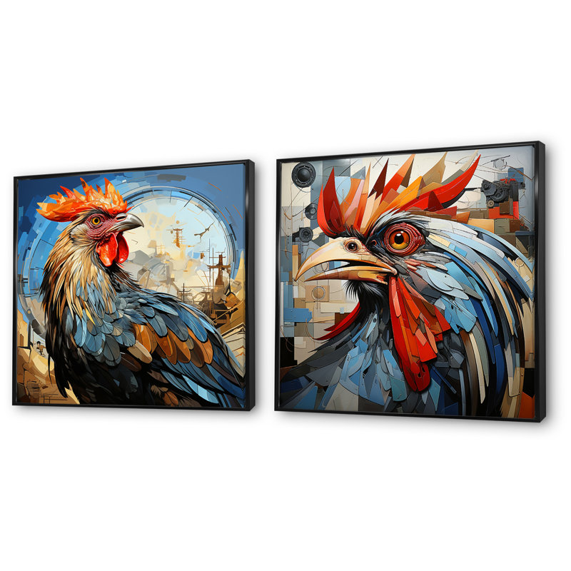 «Cubic Colorful Rooster Collage I», ensemble de 2 impressions sur toile coq, Cadre flottant noir, H 16 po x l 33 po x P 1 po