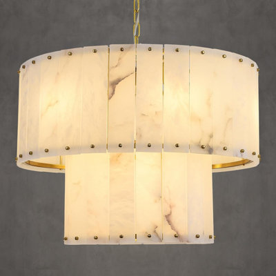 Aldwych 24"/ 32" Modern Gold Round Chandeliers 2-tier Drum Pendant Light With Alabaster Shade
