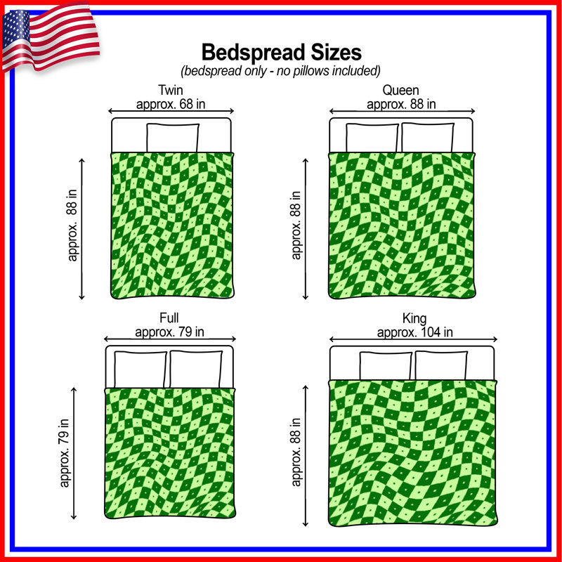 Green Wavy Checkered Quilted Bedspread All Sizes, Full / Double