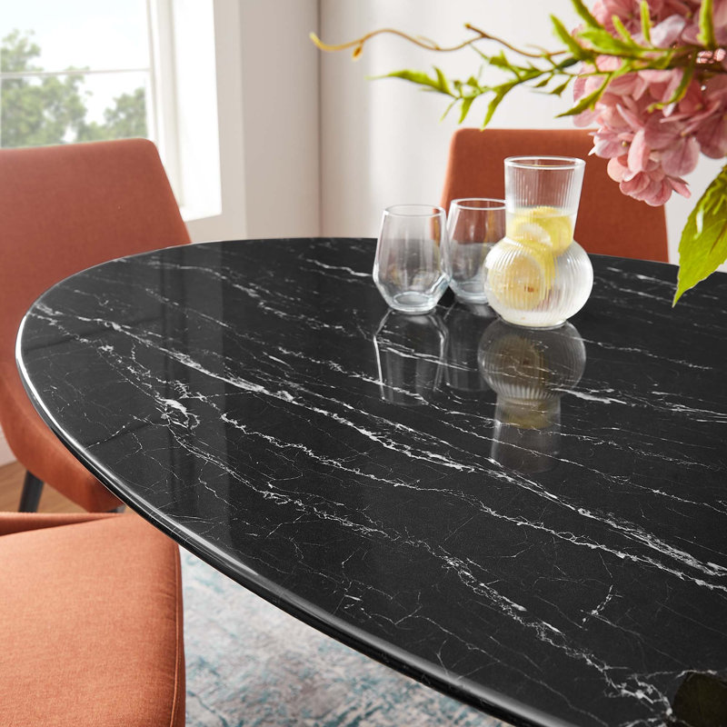  Table de salle à manger en marbre artificiel Lippa, Noir, 28,5 po H x 60 po L x 35,5 po po, Noir